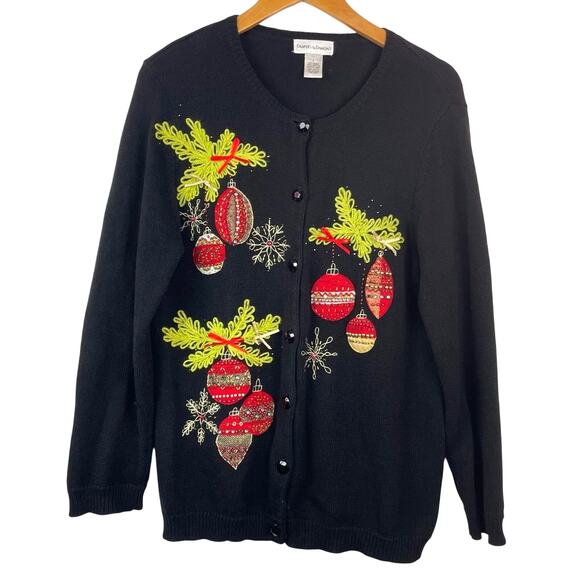 Holiday Black Sweater Festive Ornaments Christmas Sweater Vintage Large - Picture 1 of 8